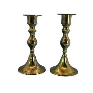 Vintage Brass Taper Candle Holders Set of 2 Gold Pedestal 5in Tall India